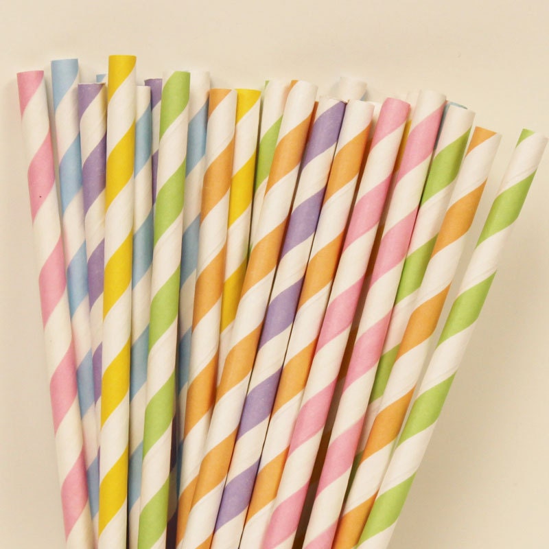 Pastel Rainbow Assorted Paper Straws with DIY flags, ( 30 ) Rainbow Party, Pastel Paper Drinkging Straws,