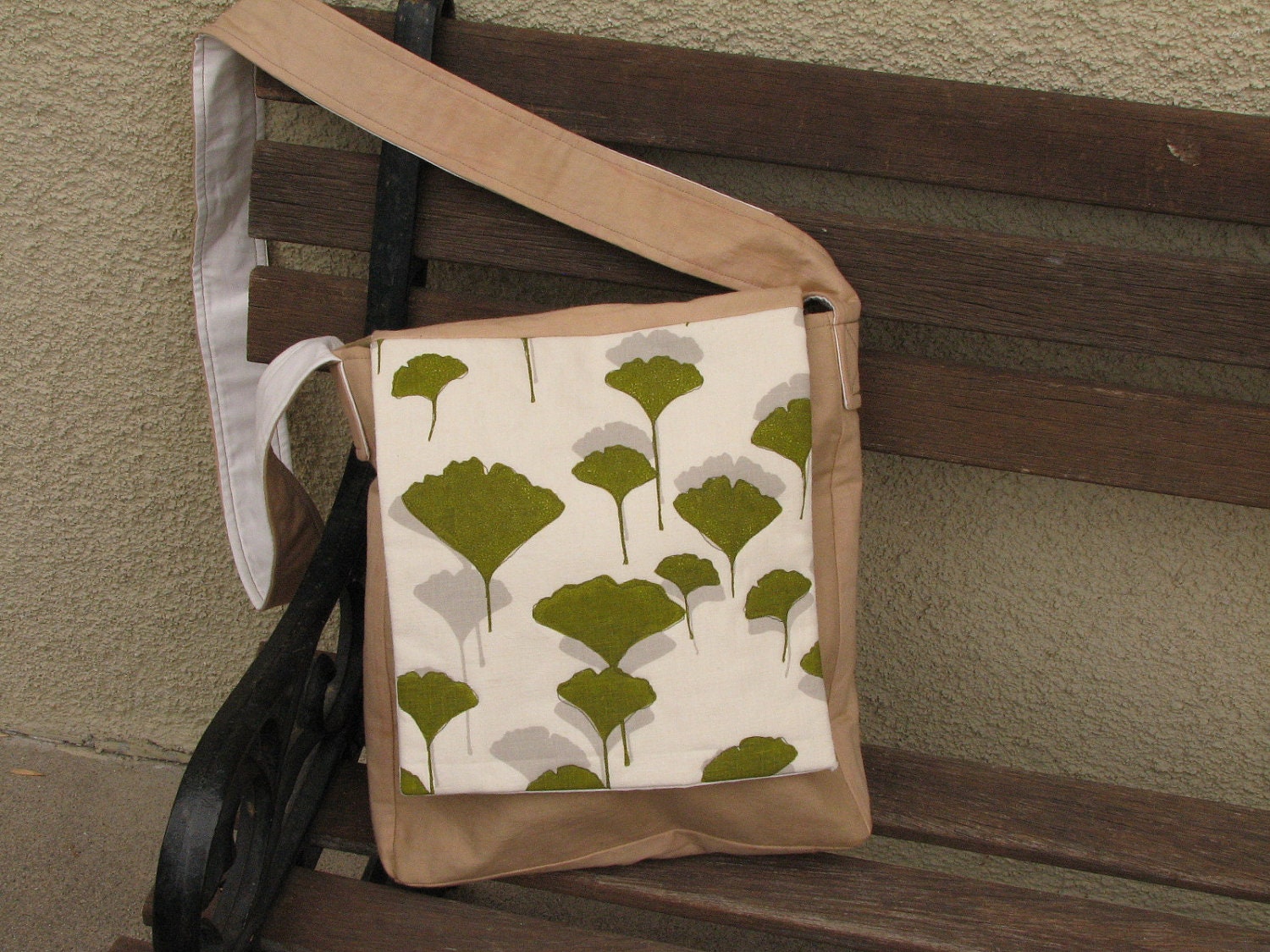 Tan Organic Cotton Messenger Bag with Green Ginko Leaf Screenprint