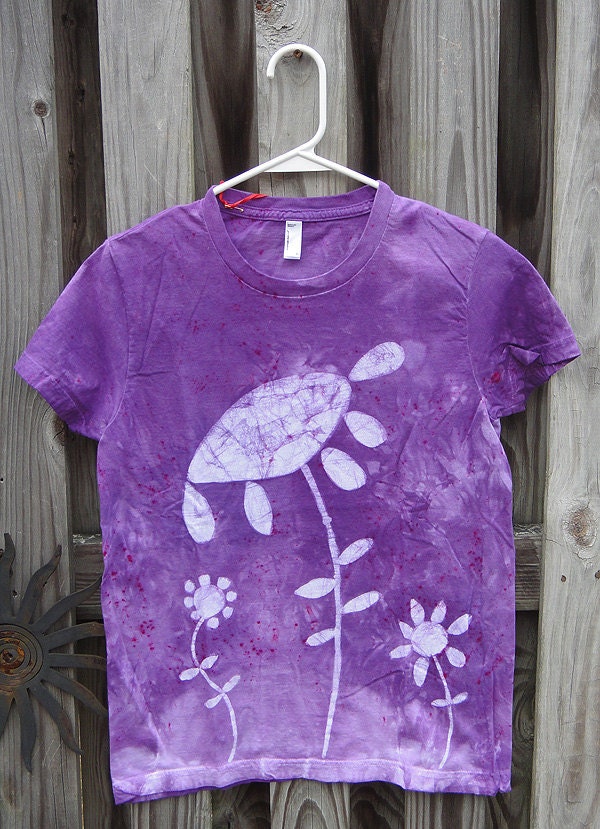 Ladies T-Shirt: Purple with Batik Flower Garden (XL) Made in USA