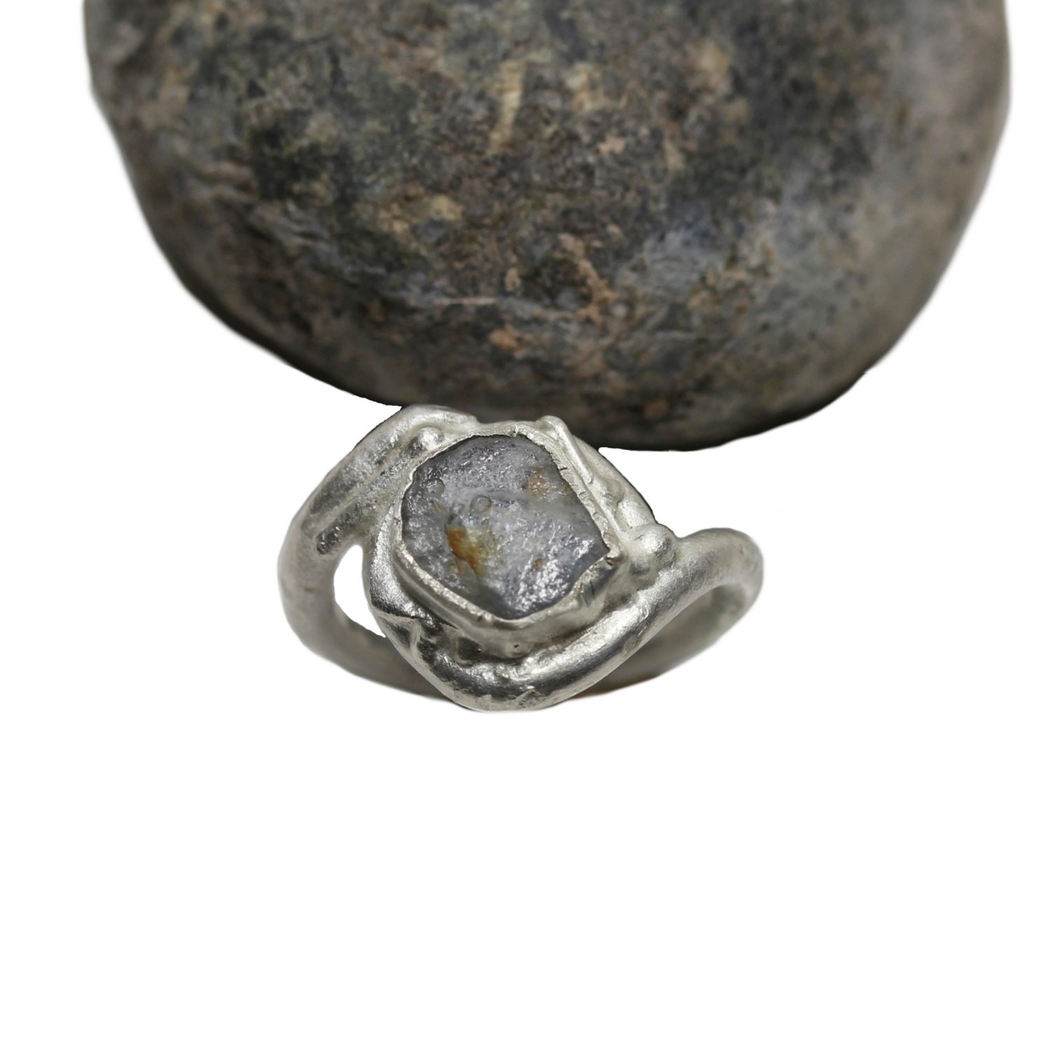 Rough Sapphire Slice Rustic Silver Ring - Molten Crater