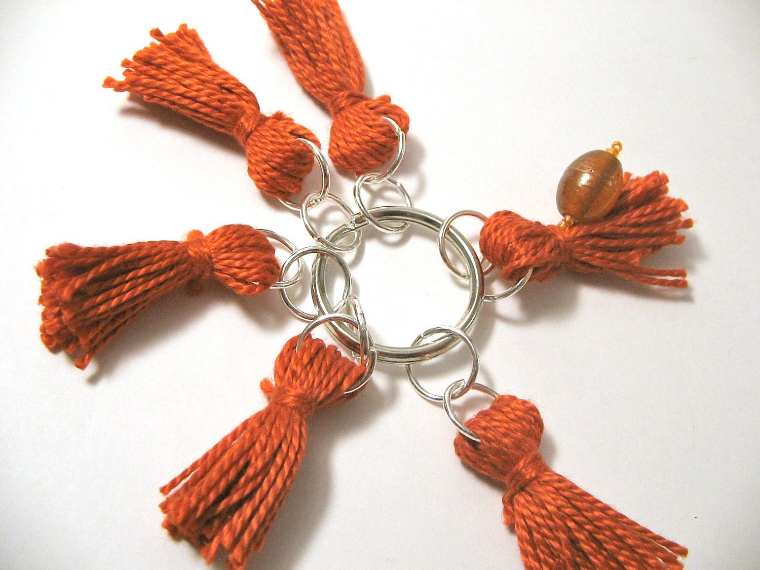 Stitch Markers Dark Orange Tassels Set with Beaded Row Marker