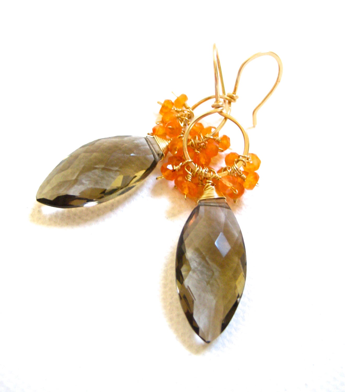 Smokey Quartz Hoop Earrings, 14k Gold, Orange Carnelian, Wire Wrapped, Huge Gemstones, Marquis Earrings, Handmade Fall Jewelry
