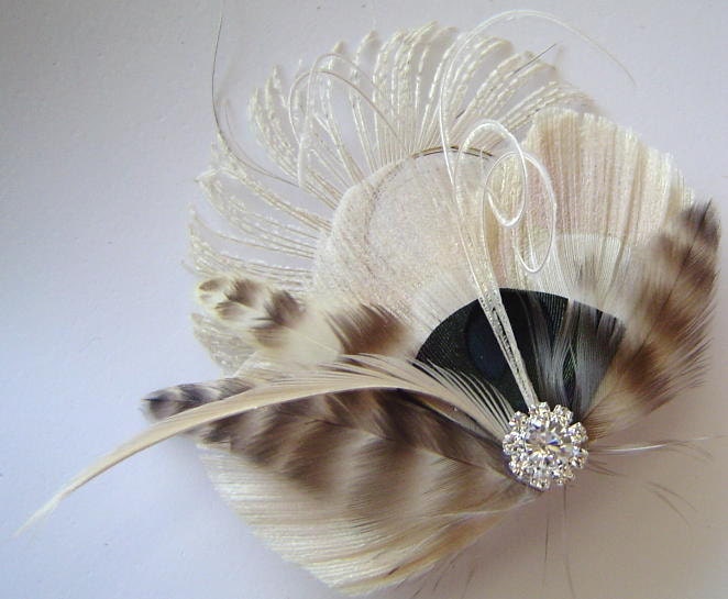 Ivory Peacock Jeweled Bridal PEACOCK and GRIZZLY Feather  Hair Fascinator Clip  Ready To Ship