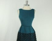 1960s Vintage Dress - Dark Teal Blue Sleeveless with Black Trim on Skirt