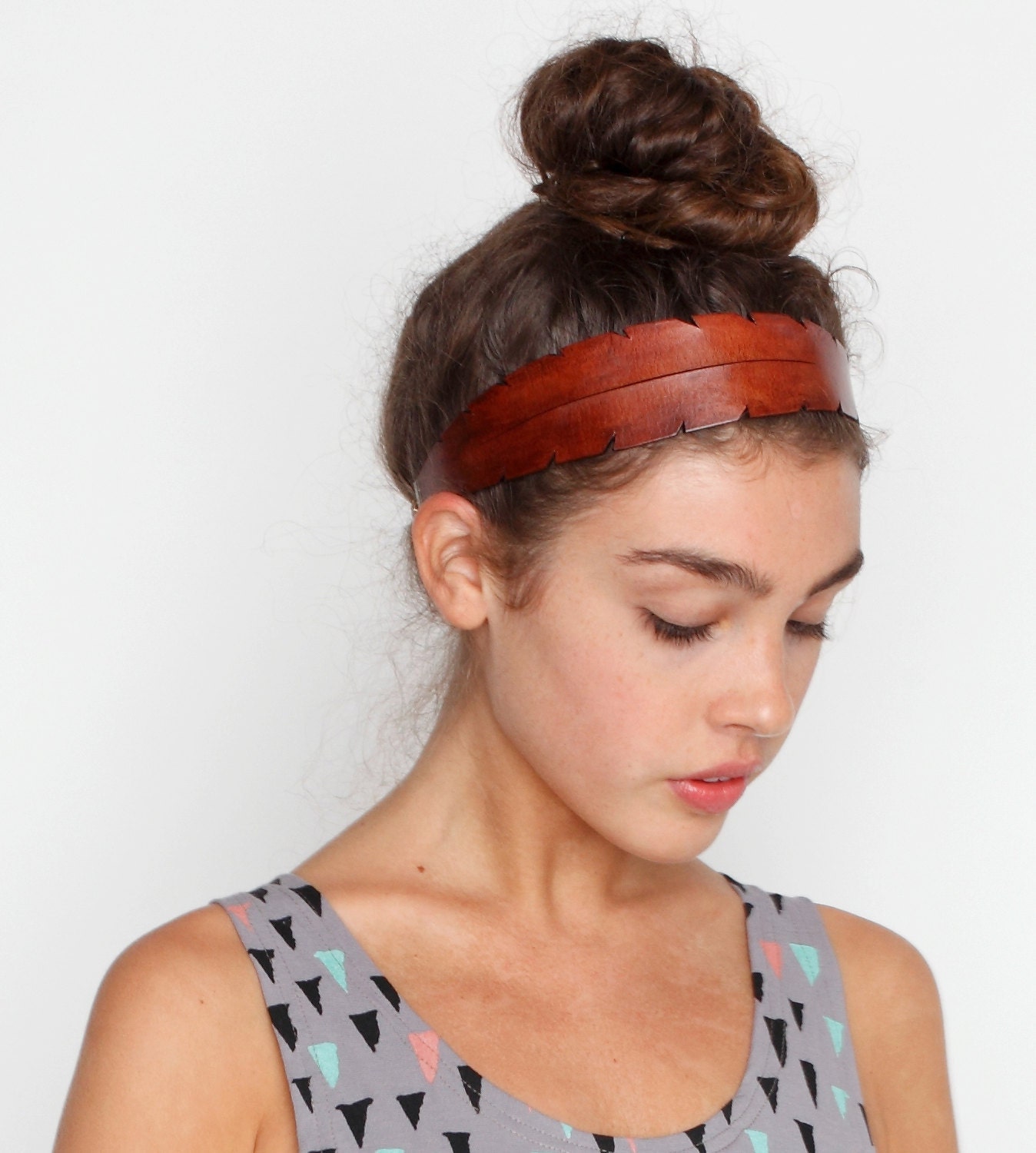 Feather Leather Headband in Brown