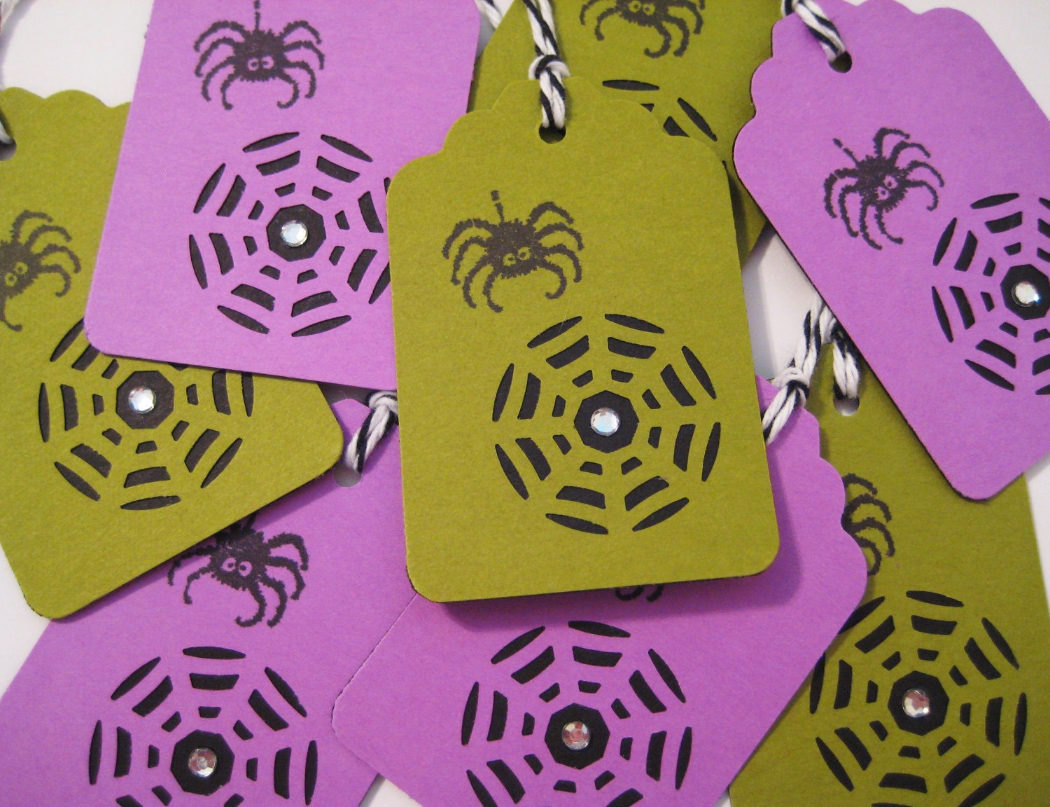 Spider web Halloween gift tags, purple and green, set of 8
