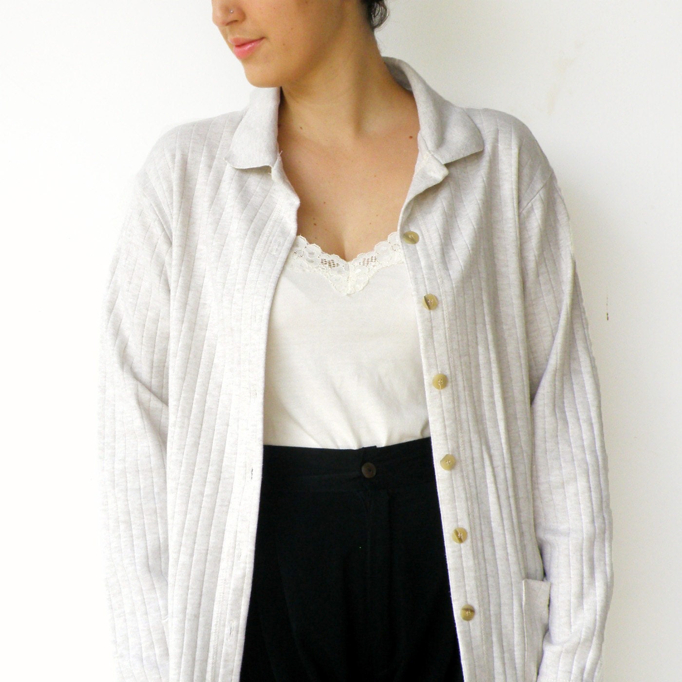 Vintage 1980s Off White Textured Cotton Cardigan