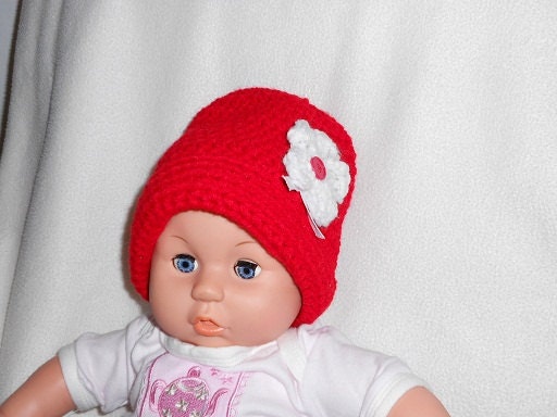 Infant Girls Red Flowered Beanie Hat