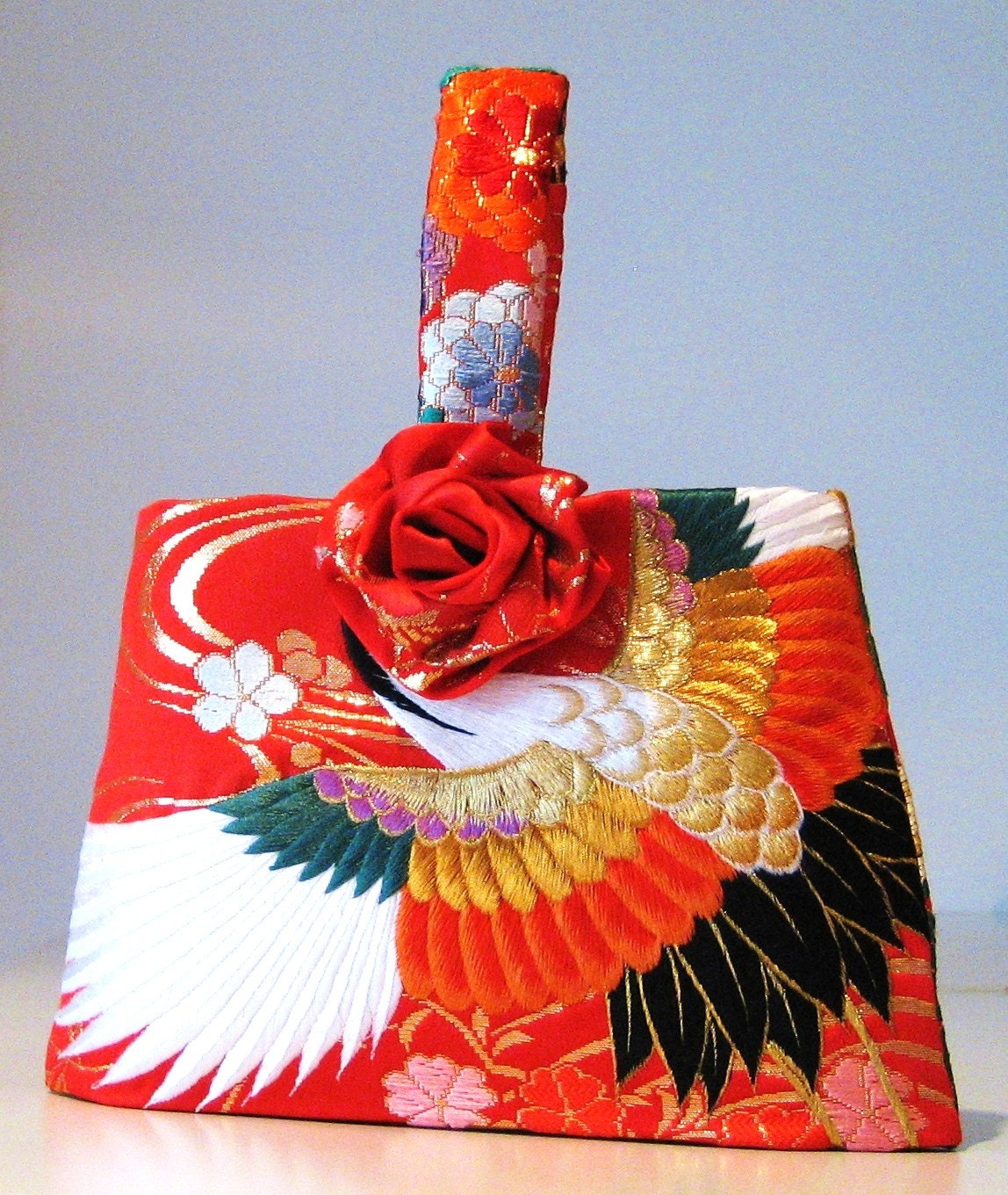 Wedding Purse vintage KIMONO crane flower red embroidery hand bag
