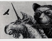 Another Theory of Extinction- (Raven (raven, crow, bird, unicorn, bear) Series) Intaglio Etching 5 inch x 8 inches, 2010