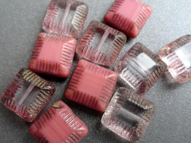 Large Pink Grooved Square Pillow Beads - Premium Czech Glass Beads
