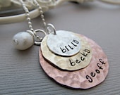 Stacked Kids Name Necklace Hand Stamped Jewelry - Hammered - Sterling Silver - Copper - White Pearl