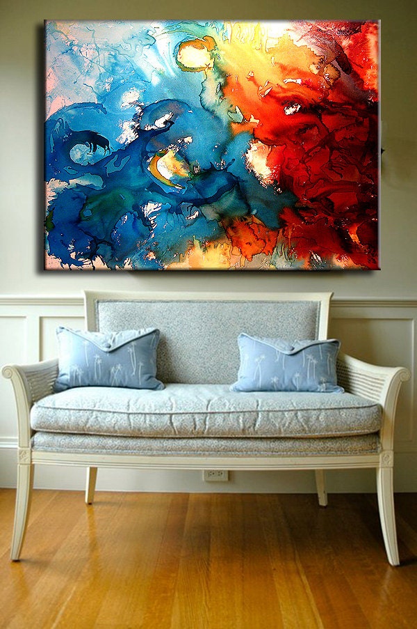 Huge Original Modern Painting, Red And Blue Abstract painting, Contemporary Fine Art by Henry Parsinia Large 48x36
