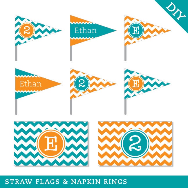 Design it yourself - Chevron - Personalized DIY printable straw flags and napkin rings - Choose your own font and colors