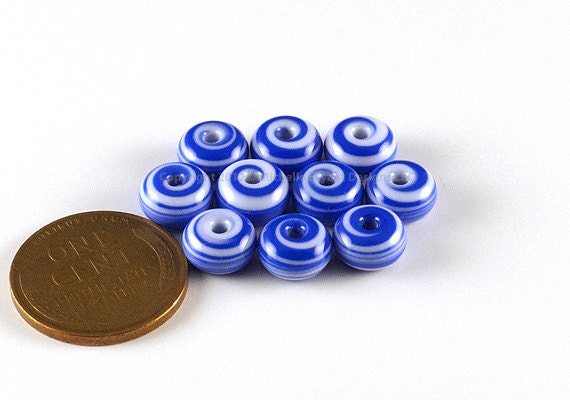 Handmade Glass Lampwork Beads Spacer Lapis Blue White Swirls 8mm Small Rondelle Donut SRA - The Spacer Bead Shop