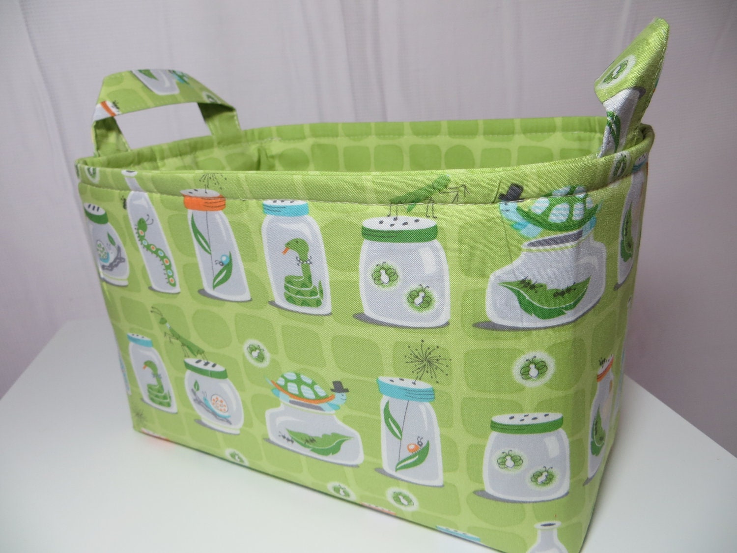Fabric Organizer Bin Backyard Baby Bug Jars Green by Michael Miller
