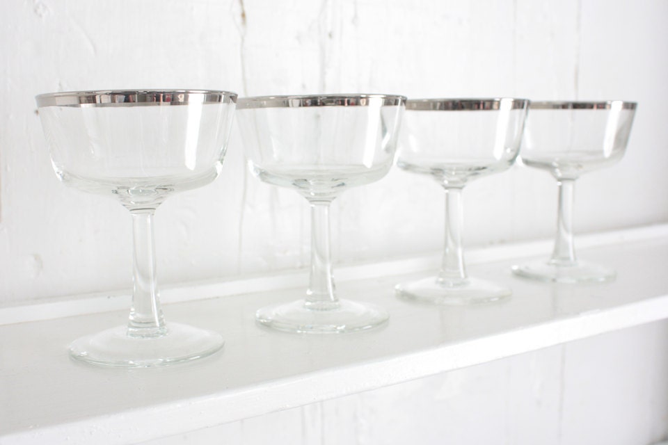 Vintage Champagne Glasses: Silver Rimmed French Coupe Champagne Glasses, Set of 4, Dorthy Thorpe Inspired, Mad Men Style
