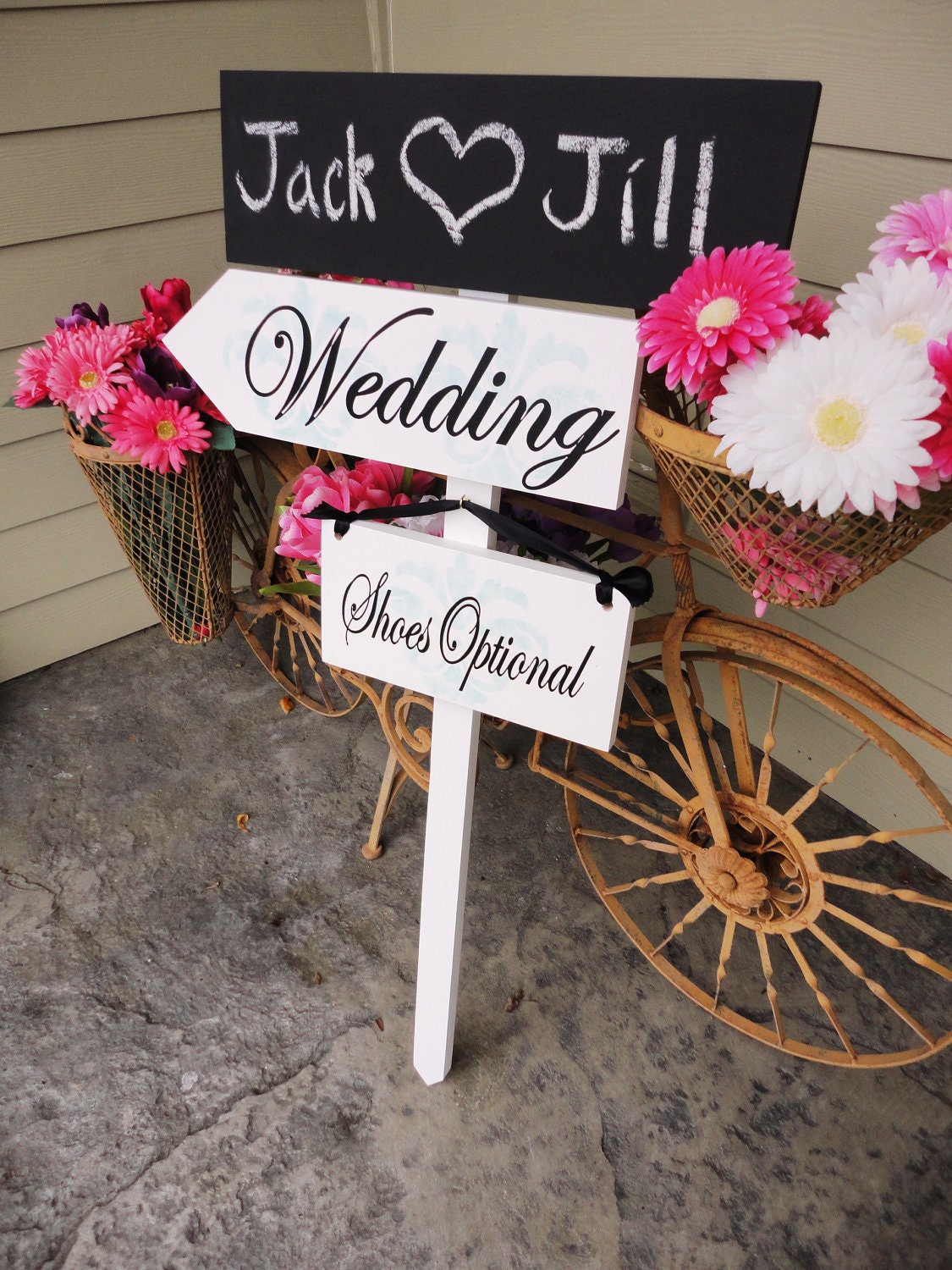 Beach Wedding, Custom Wedding Directional Chalkboard Paint Sign with Damask.  I Love You Sign, Bridal Sign, Ceremony. Shoes Optional.
