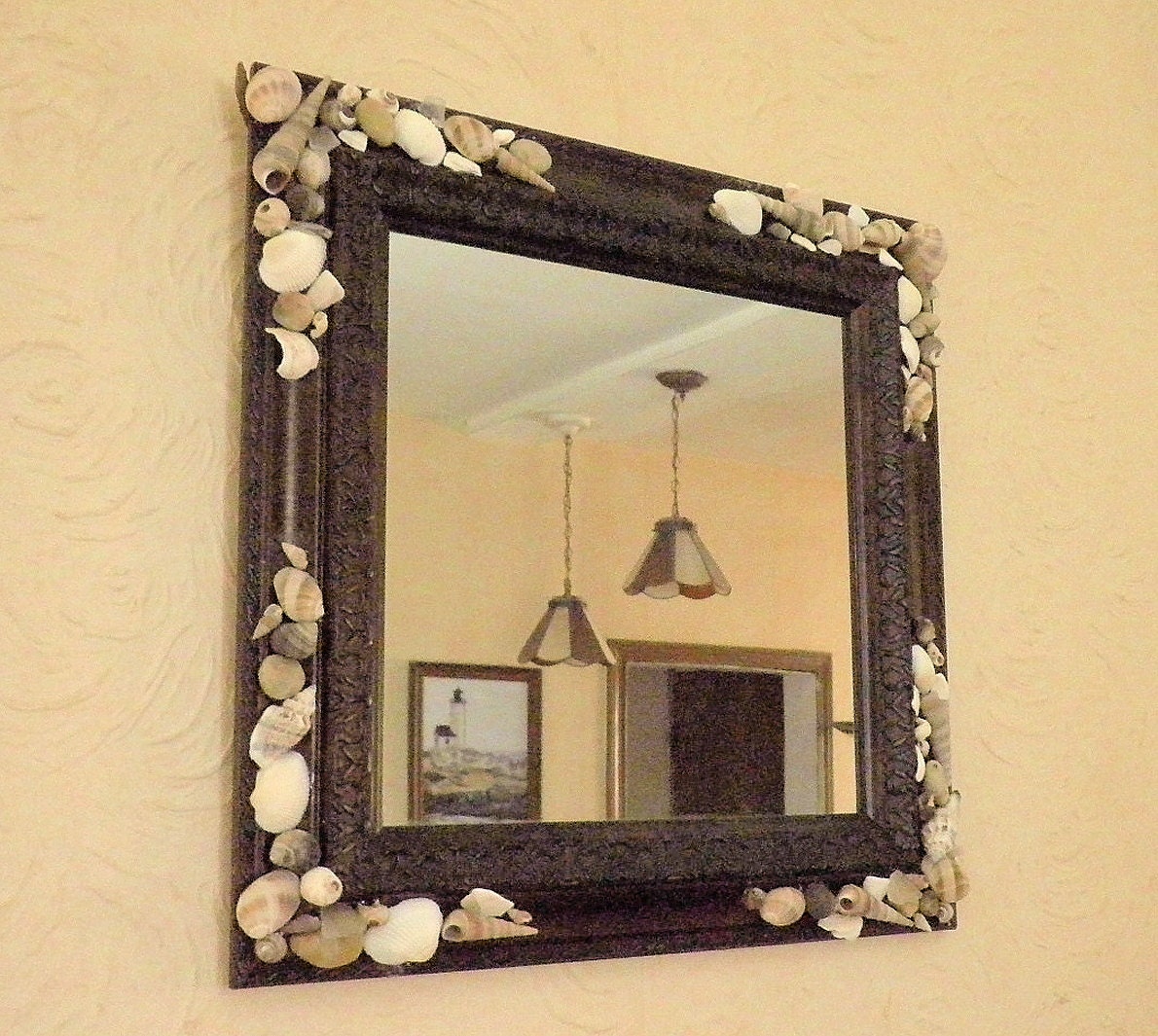 Beach Theme Mirror Decorated With Seashells And Sea Glass