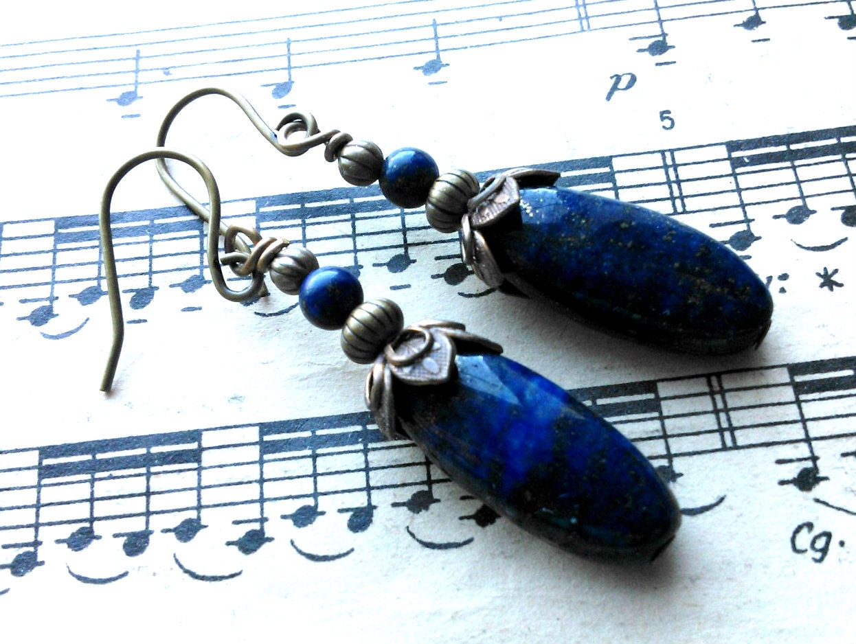 Winter Sky - Lapis Lazuli, Dark Blue, Sky, Night, Copper, Beaded, Earrings - Sale - Was 20.00 - Now 18.00