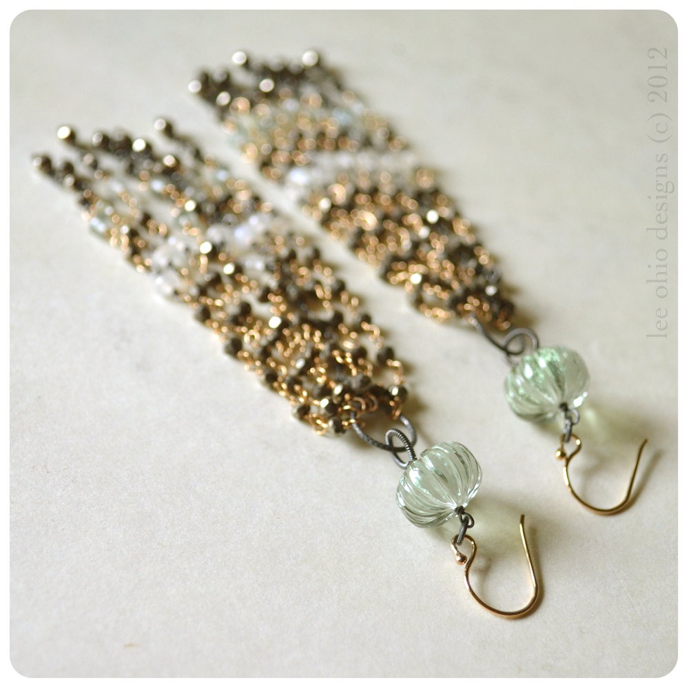 Long tassel earrings, Flapper green gold shoulder duster, Pyrite green amethyst Chandeliers, Art Deco and The Great Gatsby 'Buchanan'