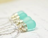 Aqua Teardrop Necklace Wire Wrapped Pendant on Silver Mint Blue Drop
