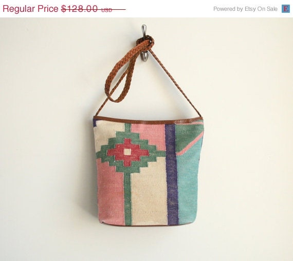 SALE Woven Kilim Bag in Pastel Geometric Navajo Pattern with Braided Leather Strap