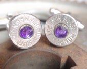 Bullet Jewelry Cufflinks 357 Magnum WW Super Nickel Silver With Color Rhinestone Gem Up Cycled  Repurposed Cuff Links
