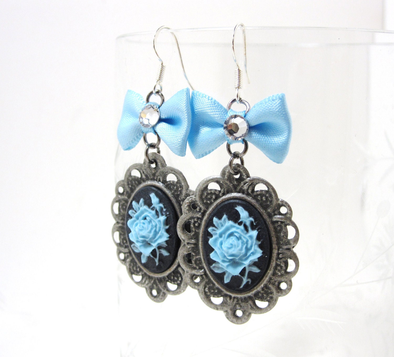 Orchid Blue Rose Cameo with light Blue Bow earrings