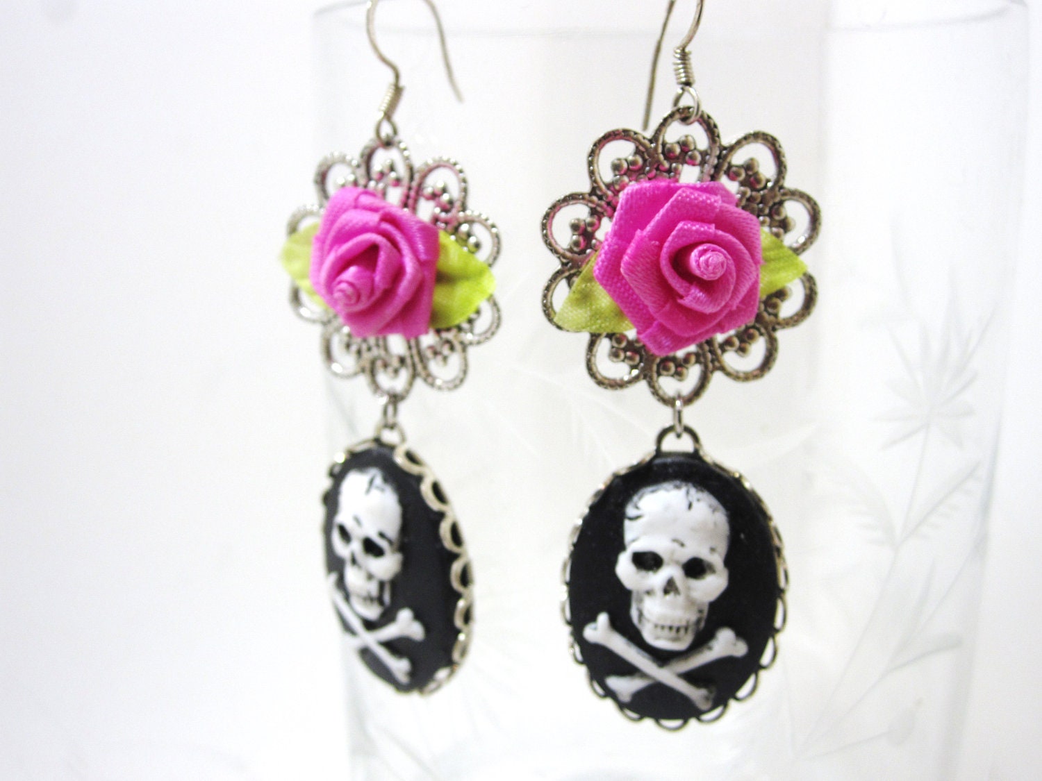 Day Of The Dead skull Pink Rose Earrings