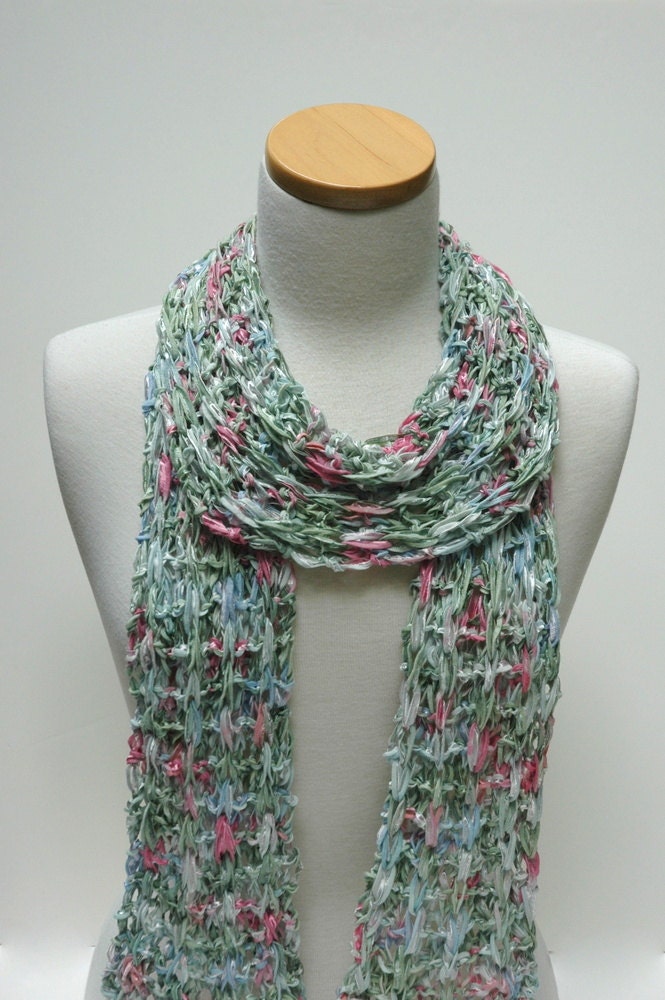 Cotton Scarf- Hand Knit- Sea Green/Rose/ Mauve/ Ice Blue