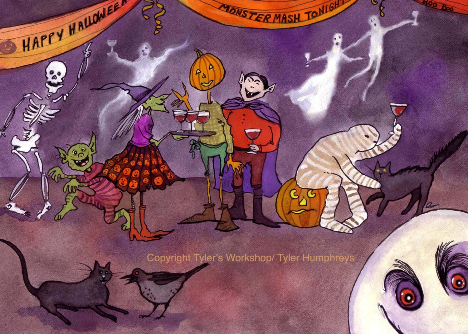 Halloween Greeting Card - Ghosts Goblins Dracula Vampire Mummy Black Cats Halloween Party Greeting Card/ Illustration 'Monster Mash'