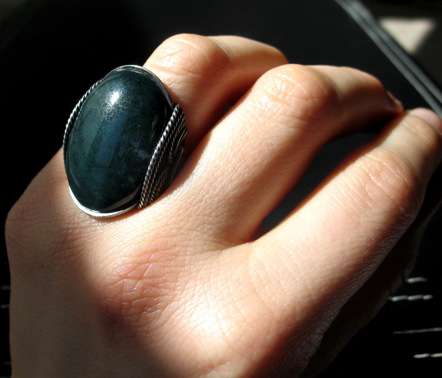 Moss Agate Ring, Sterling Silver, Forest Green, Handmade Statement Jewelry, Gift For Her, Silver Stone Ring,, Wire Ring