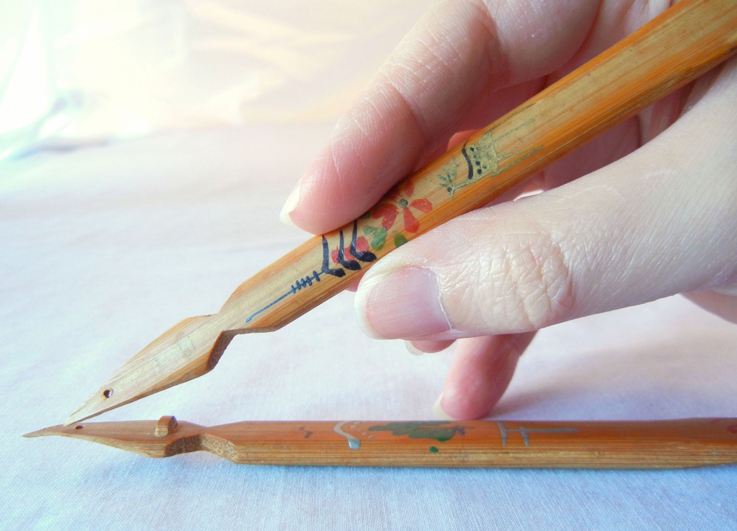 Two Vintage Dip Calligraphy Pens, Carved Bamboo with Painted Designs, Deer, Tree Motifs, 50s 60s
