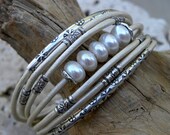 Sterling Silver and Pearl White Leather Bracelet Multiple Strands Bridal Wedding Winter Snow Holidays