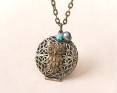 Owl Locket Necklace, Blue Necklace, Filigree Round Locket, Owl Necklace
