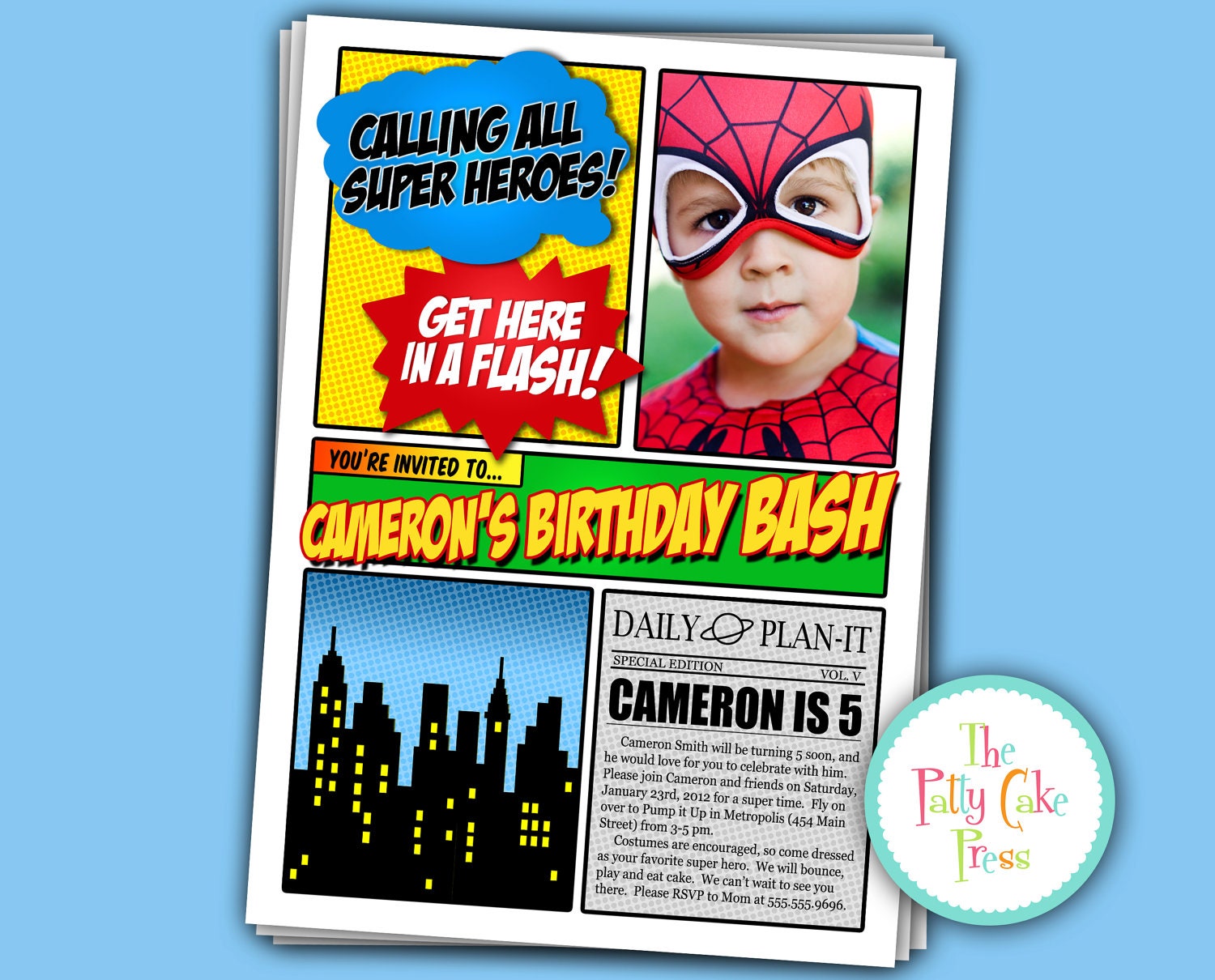 Super Hero Photo Invitation Birthday Party Custom Printable Digital File Spiderman Superman Batman Captain America Superhero Squad