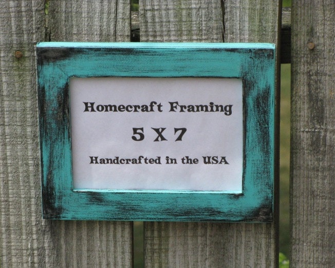 5X7 Picture Frame Distressed Turquoise Black Frame Country Primitive Wooden