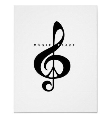 Peace Music Poster, 17 x 22, Peace Sign, Music, Treble Clef, Typography, Rock, Pop, Jazz, Soul, Country, Black, White, Retro, Hipster