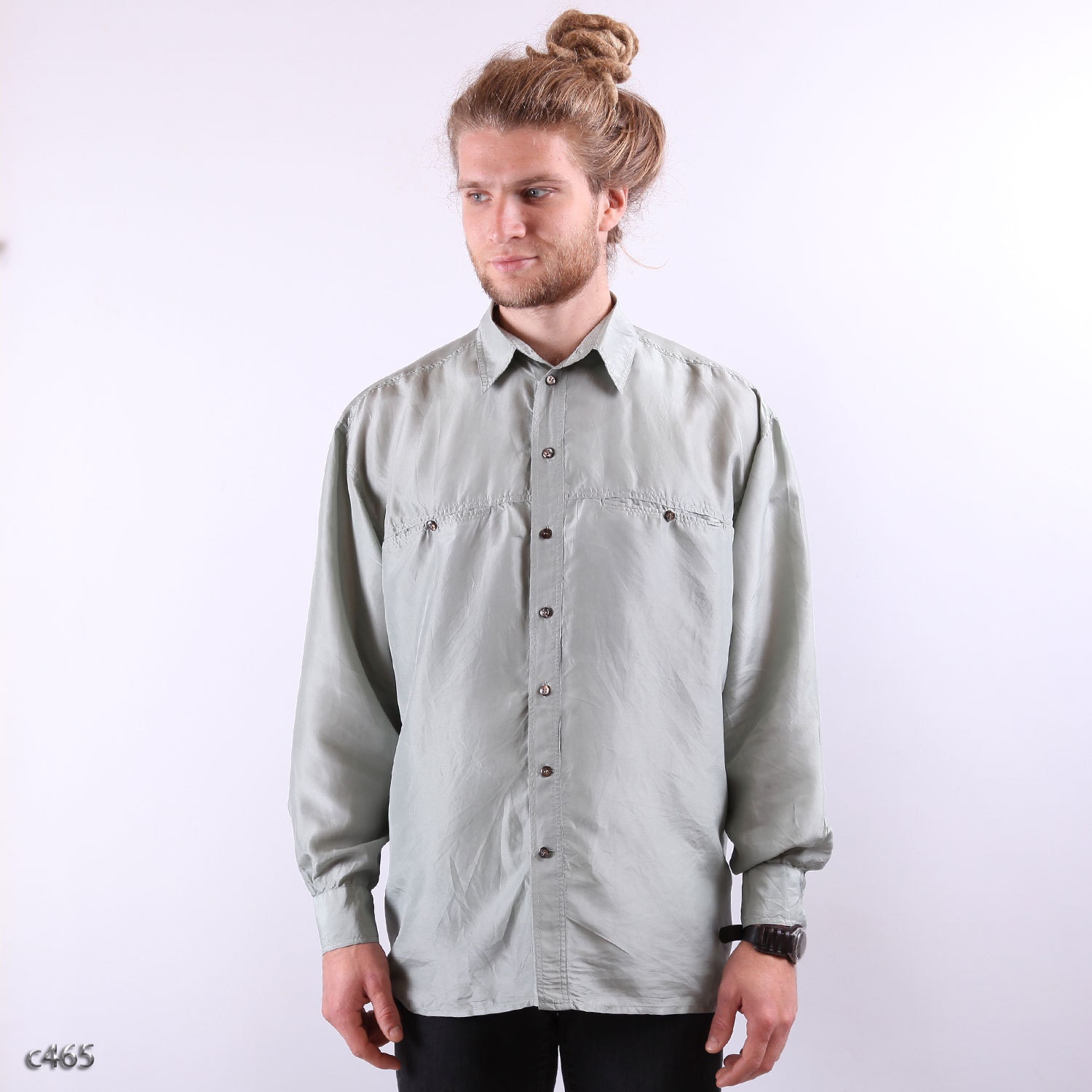 Mens Silk Shirt / Vintage 80s Formal Shirt / sz Large