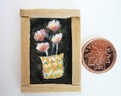 Flowers: original miniature painting framed in coffee-flavored hand dyed wood