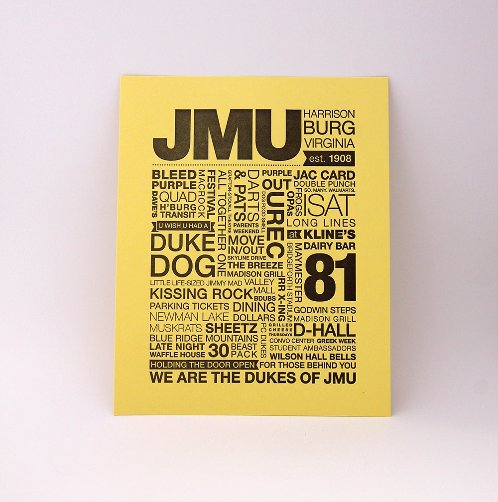 JMU Letterpress Print (Black Ink on Light Yellow Paper)