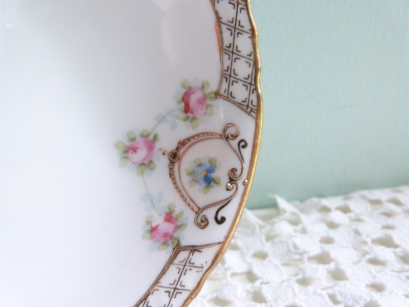 Vintage Nippon Bowls Handpainted Set of Six Gold Pink and Blue Flowers