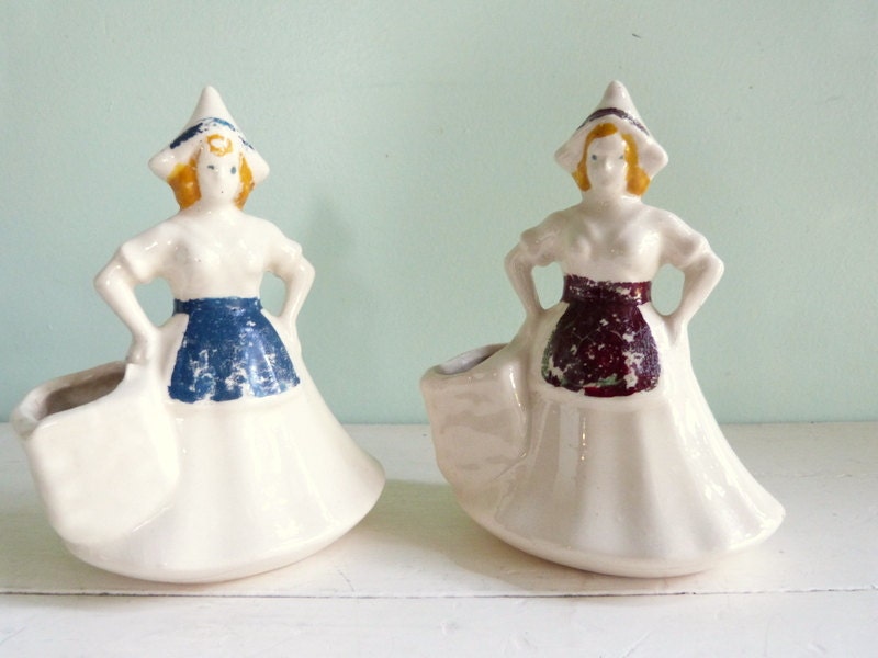 Vintage Dutch Girl Planters Pair One Red One Blue