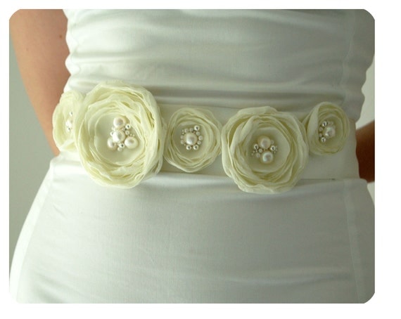 Bridal Belt - Floral Pearl Wedding Sash, Ivory Beaded Bridal Sash for Bride or Bridesmaid
