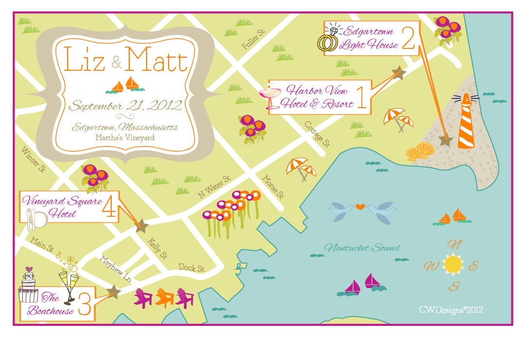 As Seen on Style Me Pretty - Custom Wedding Map Orange, Plum Edgartown, MA Martha's Vineyard Map