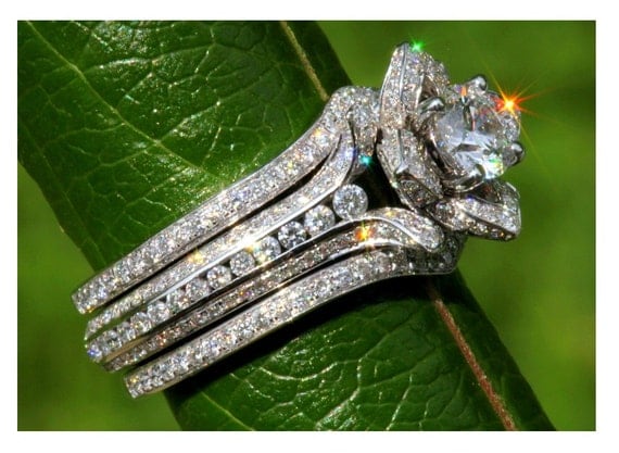 Wedding SET - Gorgeous UNIQUE Flower Rose Diamond Engagement Ring and Wedding band set - 2.85 carats - 14K white gold - custom made - fL01-S