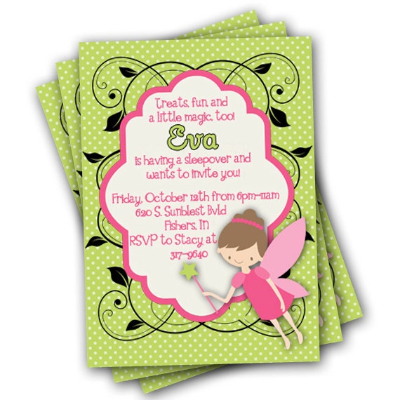 12 Girls' Fairy Sleepover Slumber Party Invitations'