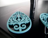 Wood Earrings - Turquoise Garden - Intricately Carved/Cut  - Light Blue - Gifts for Her Under 20 - LAST PAIR