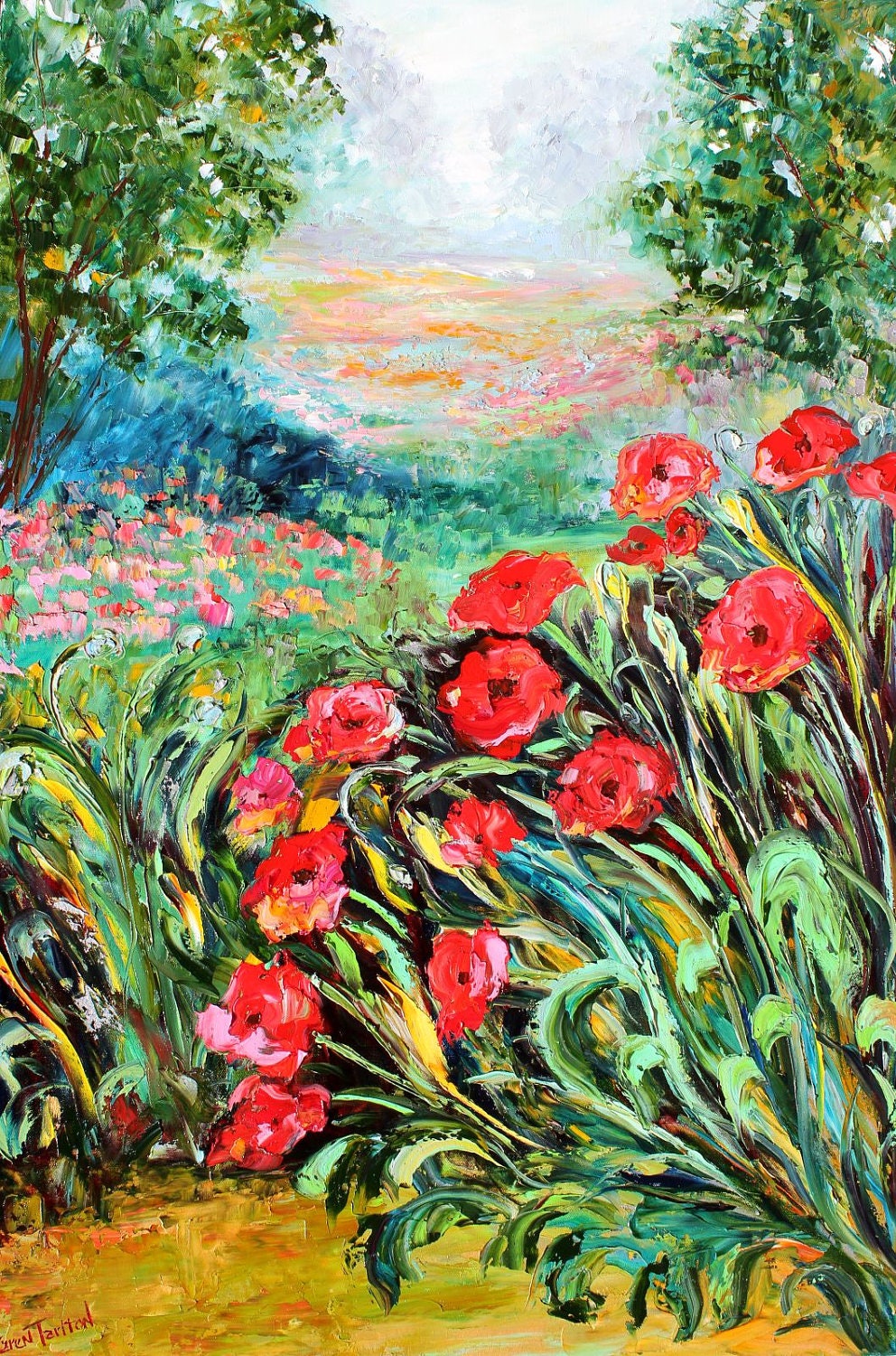 STUDIO SALE - Landscape painting original oil Provence Poppies Flowers palette knife on canvas fine art impressionism by Karen Tarlton